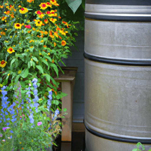 rain barrel collecting rainwater from a downspout, surrounded by a lush garden of plants and flowers thriving from the harvested water